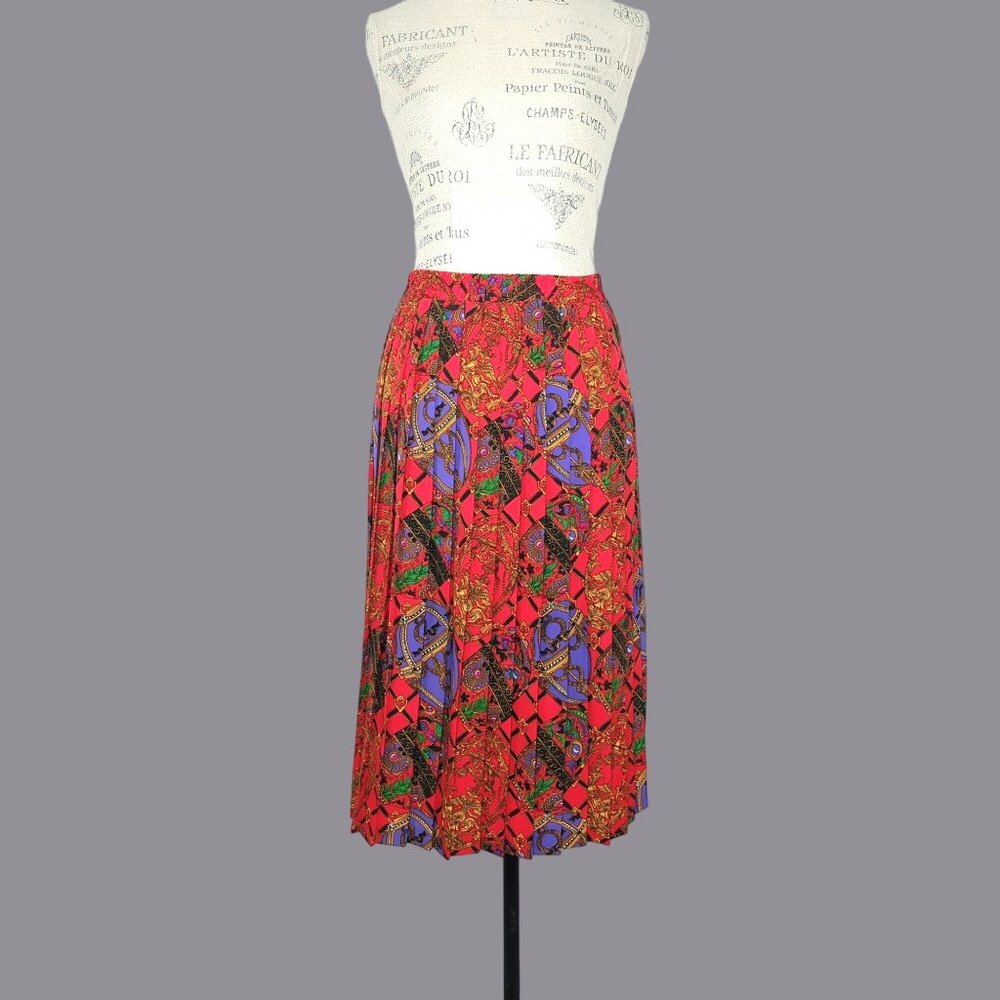 Vintage 80s Red Pleated Midi Skirt Medium Leslie Fay